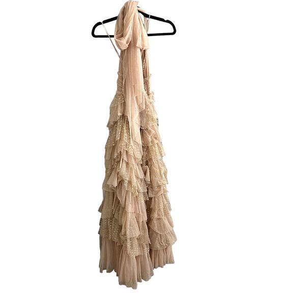 LoveShackFancy Ramsey Halter Ruffle Tiered Gown Maxi Dress Glitter Nude - Picture 4 of 7